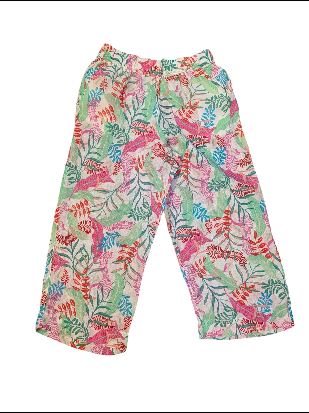 Cynthia Rowley 100% Linen Tropical Print Wide Leg Crop Pants Women's Size Large